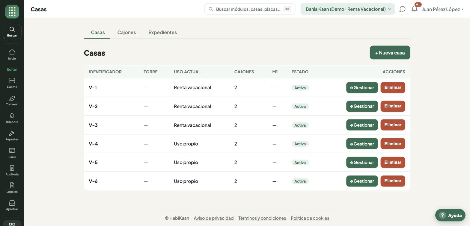 Listado de casas con su uso actual, cajones e indiviso