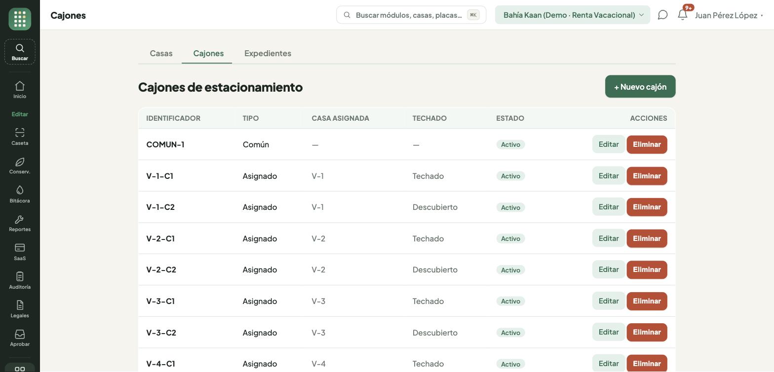Listado de cajones con su tipo y la casa a la que pertenecen