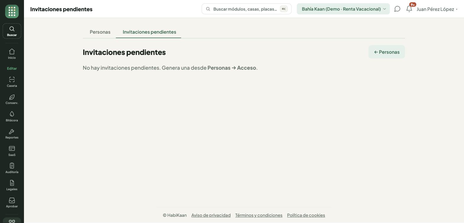 Invitaciones pendientes con su estado, y las acciones de copiar enlace, reenviar y cancelar