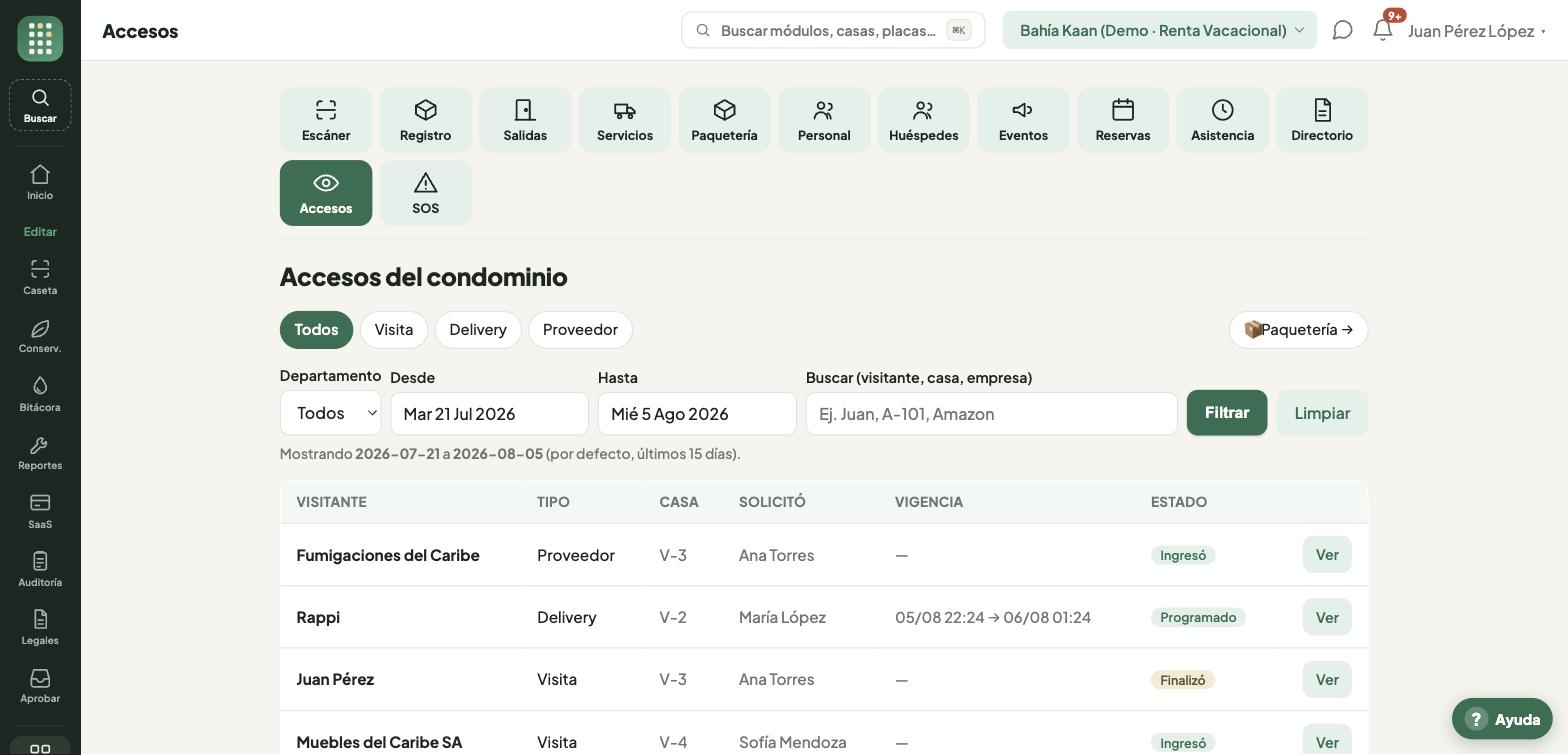 Bitácora de accesos del condominio, filtrable por fecha y casa