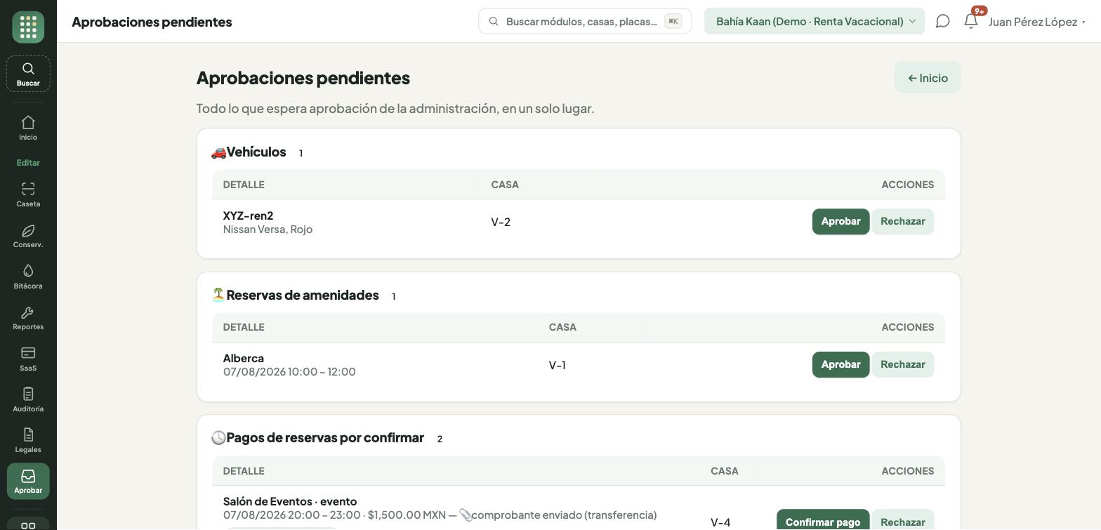Bandeja de aprobaciones: vehículos, reservas y pagos por confirmar en un solo lugar