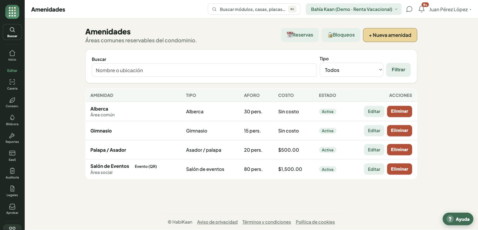 Catálogo de áreas comunes con su aforo, costo y estado