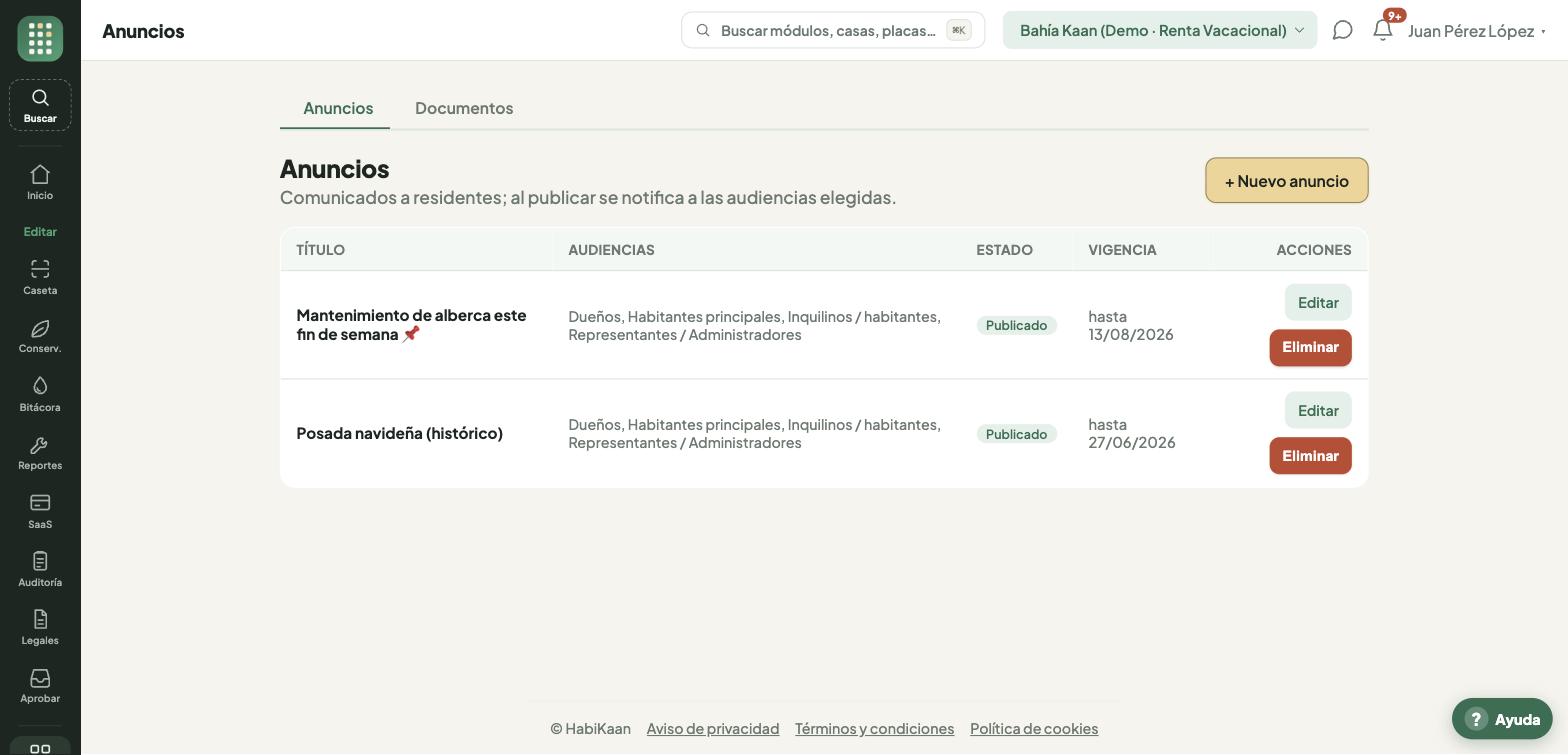 Anuncios publicados, cada uno con la audiencia a la que se notificó