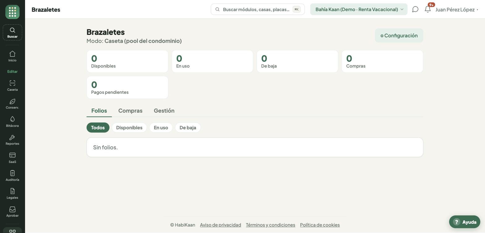 Pool de brazaletes: disponibles, en uso, de baja y compras