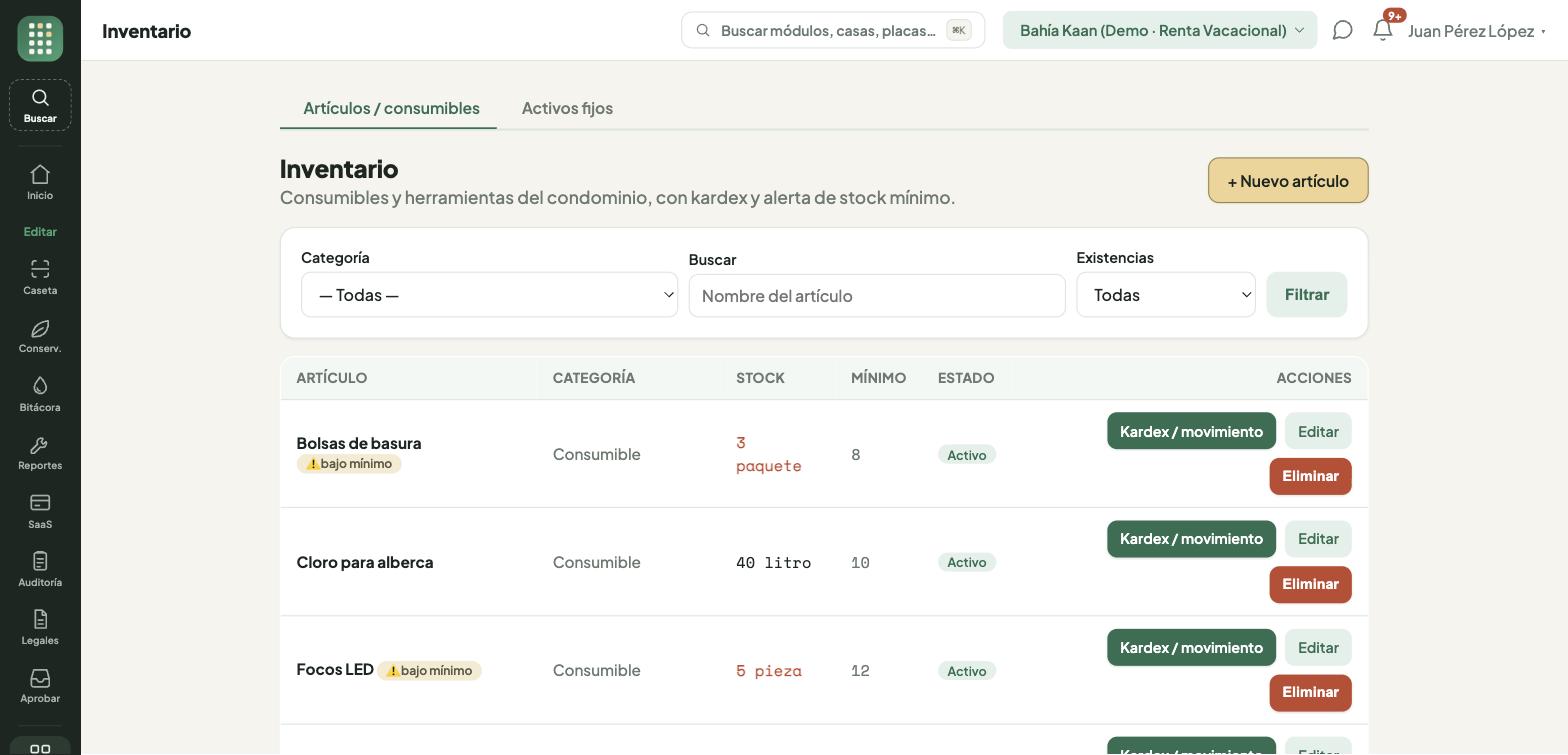 Inventario de consumibles con su stock y su mínimo