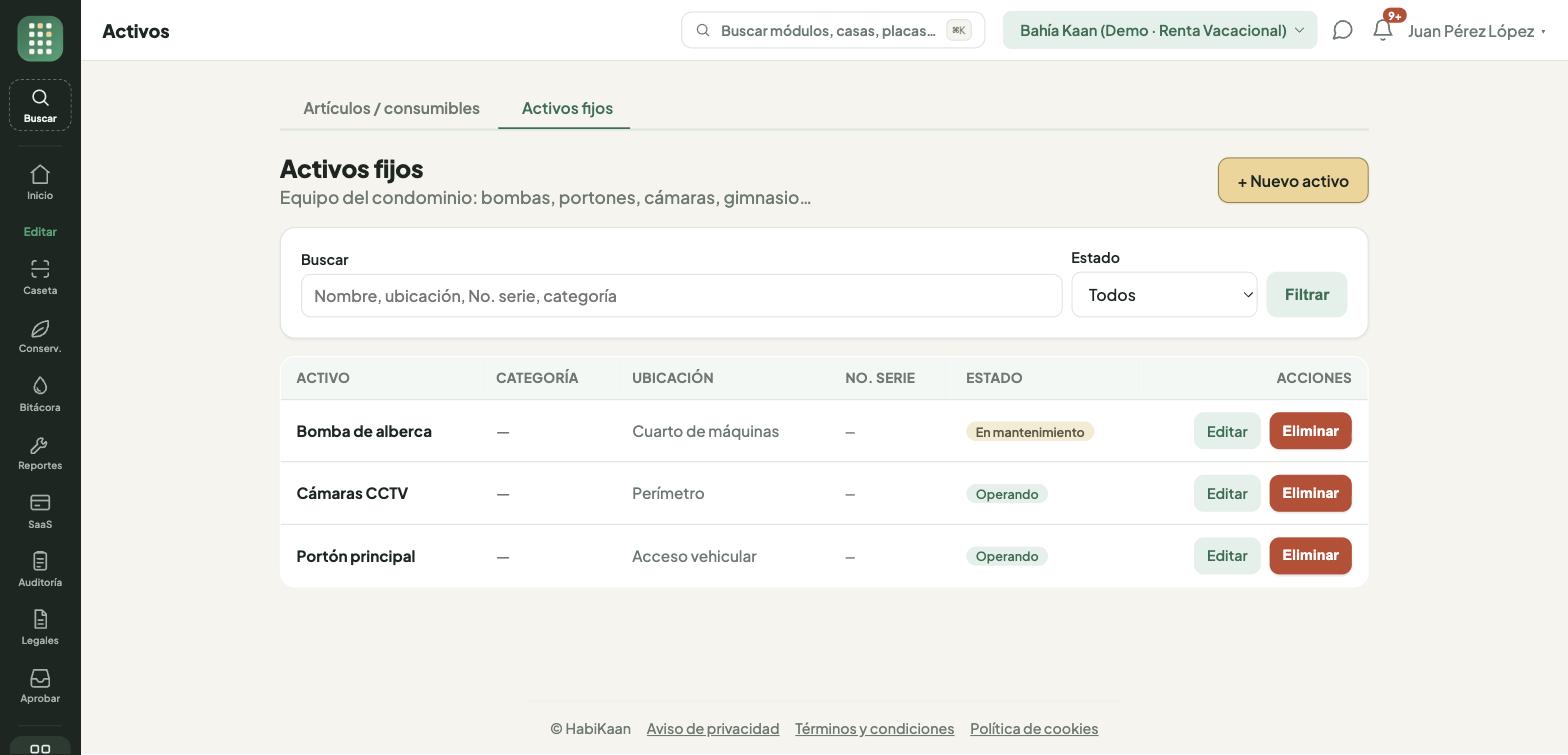 Registro de activos fijos con su ubicación y su estado