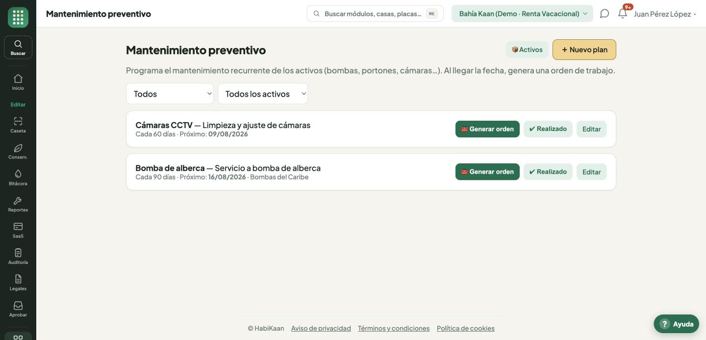 Mantenimiento preventivo: cada activo con su próxima fecha de servicio