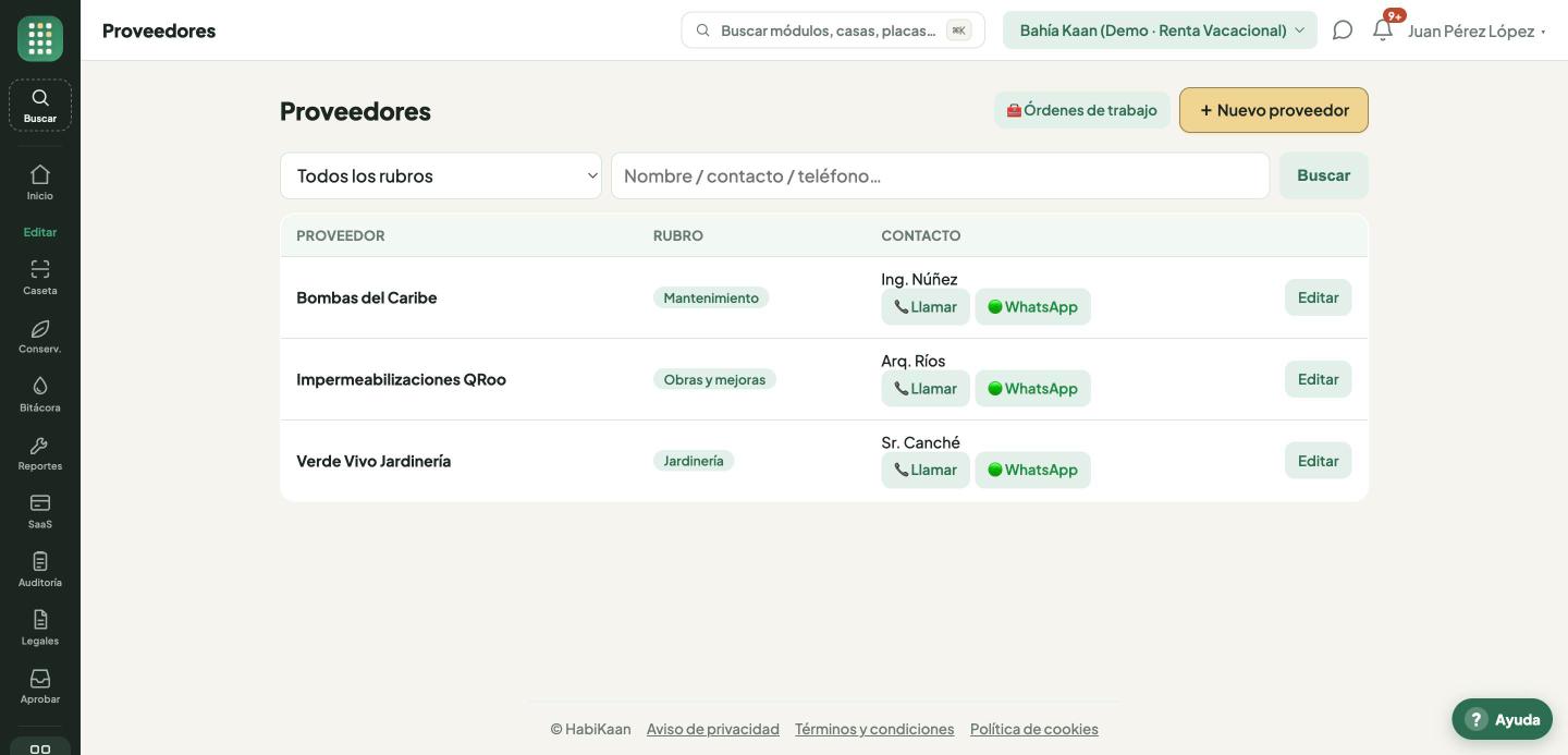 Directorio de proveedores por rubro, con llamada y WhatsApp