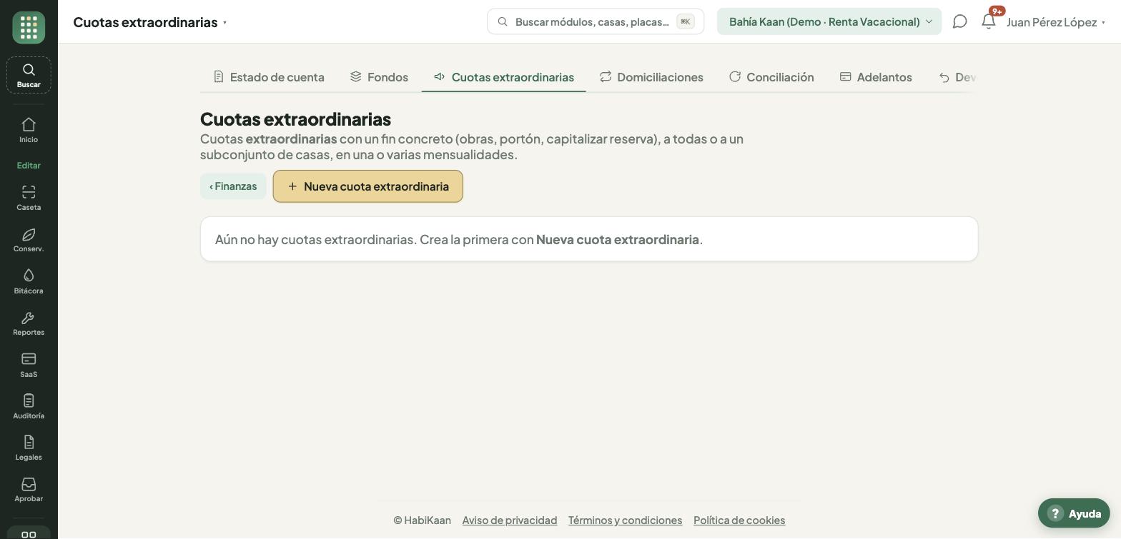 Cuotas extraordinarias con su destino y avance de cobro
