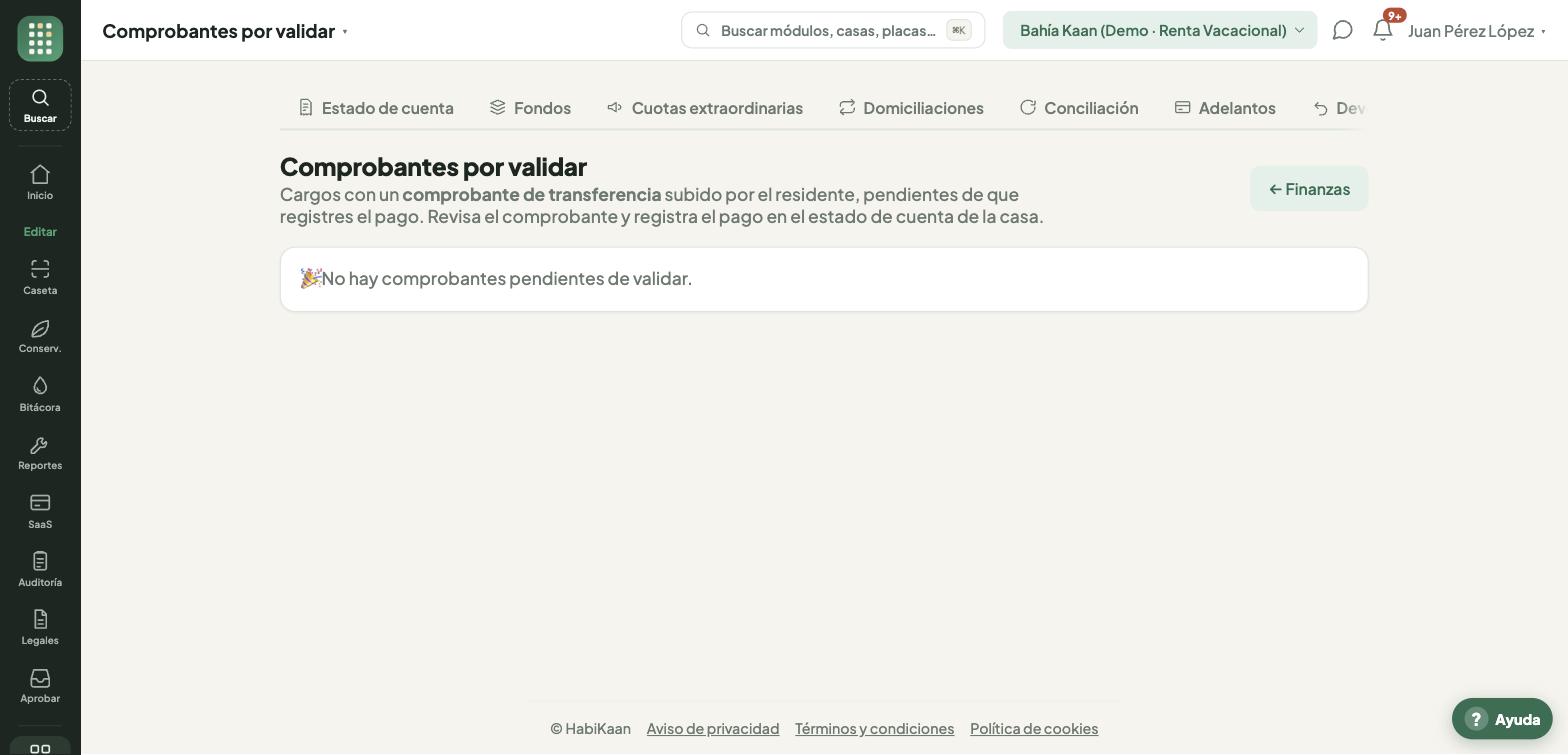 Bandeja de comprobantes por validar, con el cargo, la casa y el archivo que subió el residente