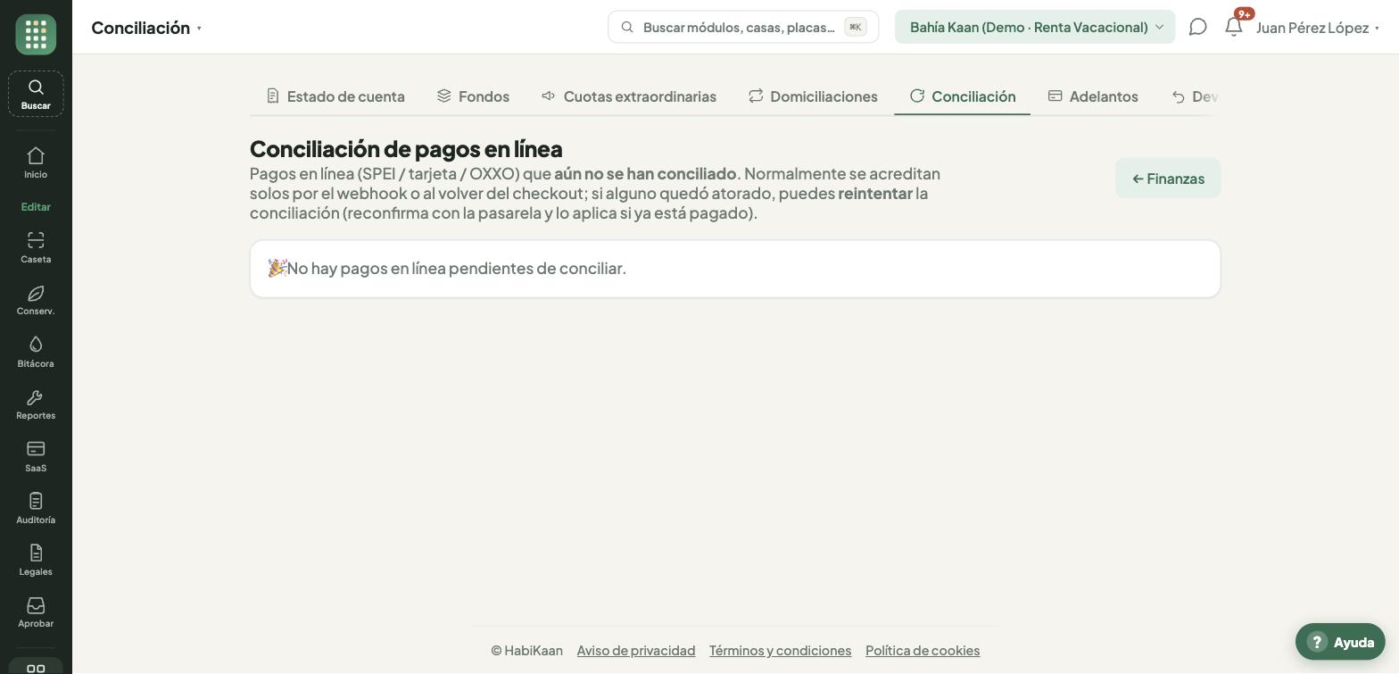 Panel de conciliación con los intentos de pago en línea que quedaron pendientes o con error