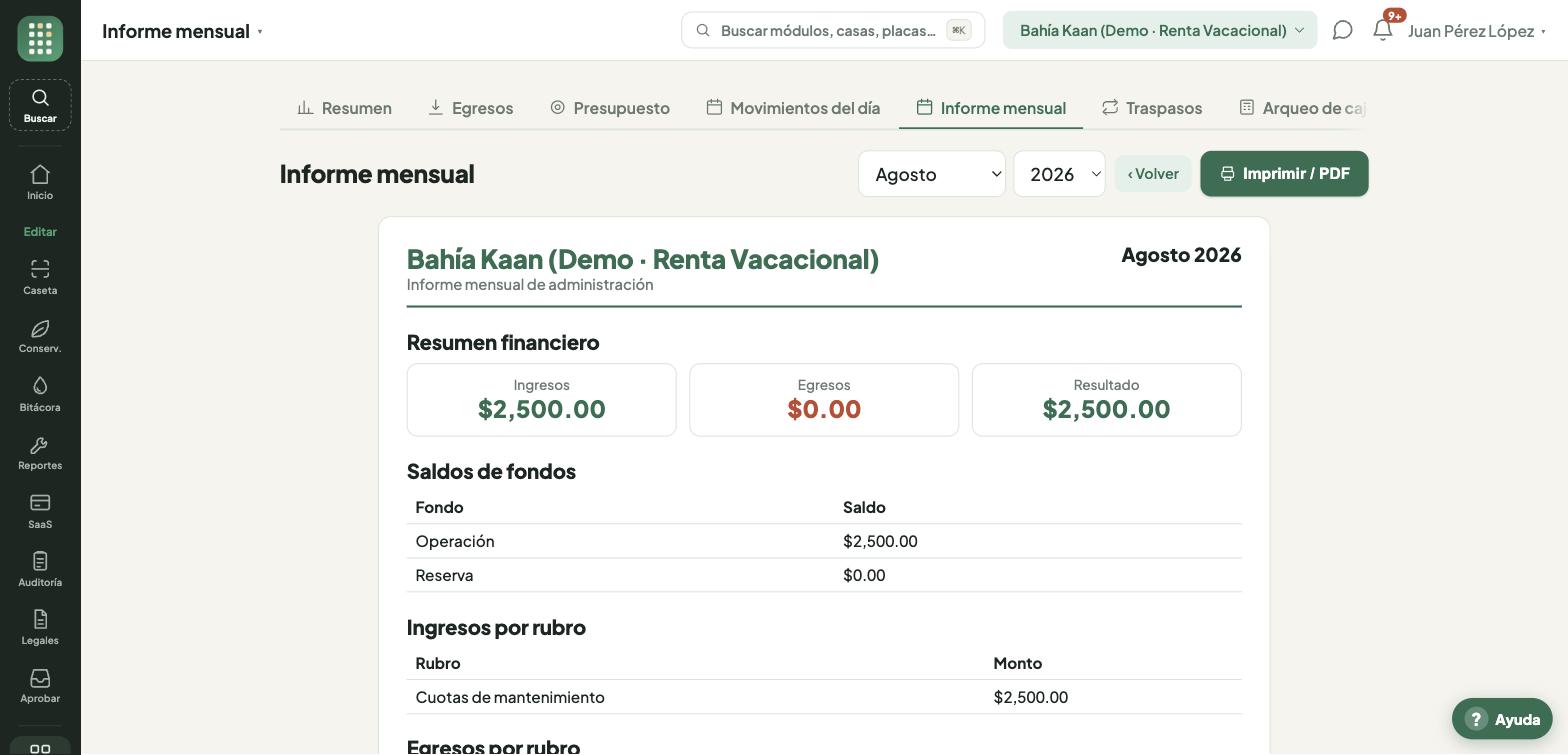 Informe mensual listo para imprimir o enviar a la junta