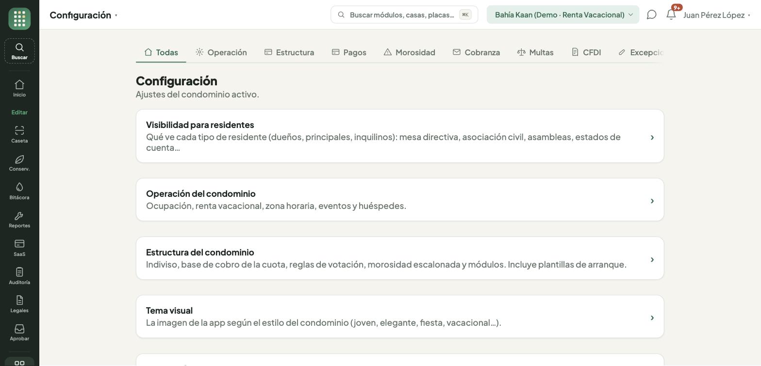 Panel de configuración con sus secciones