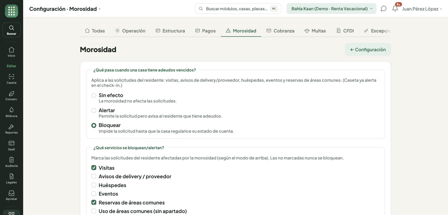 Configuración de morosidad: sin efecto, alertar o bloquear, y qué servicios se ven afectados