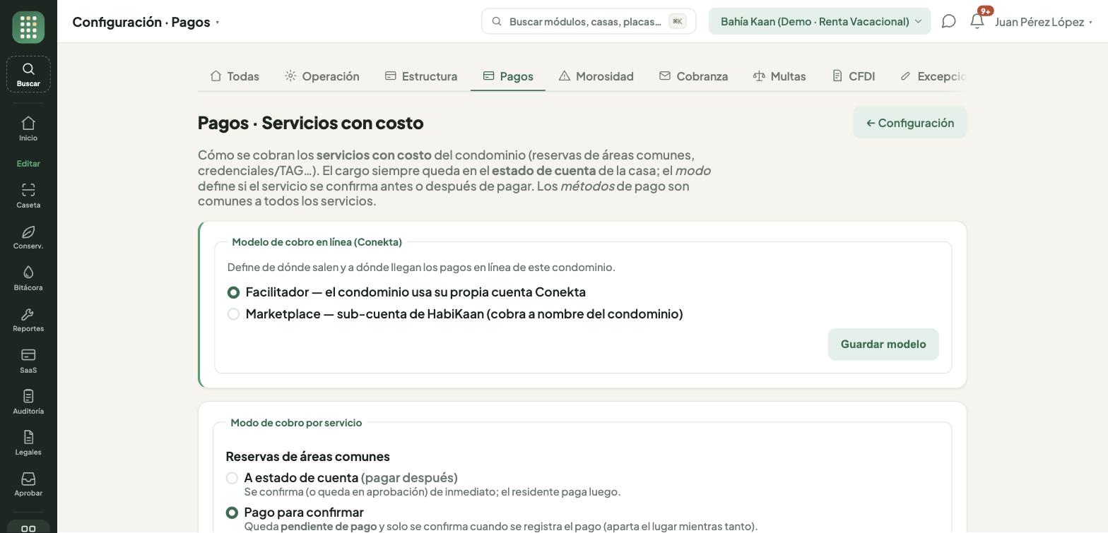 Configuración de pagos: cuándo se confirma el servicio y qué métodos de cobro se aceptan