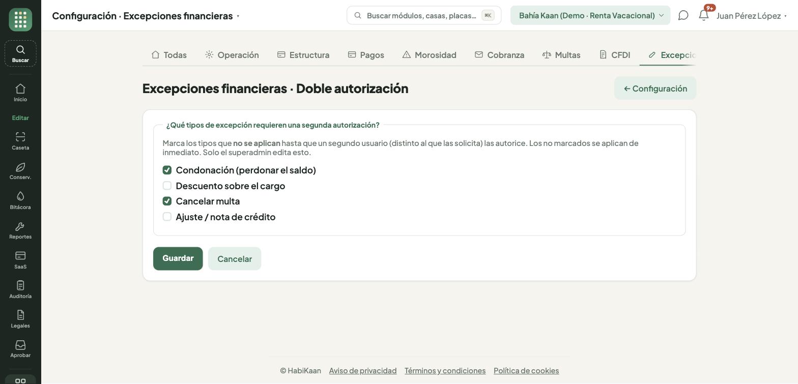 Configuración de excepciones: qué tipos exigen la firma de un segundo autorizador