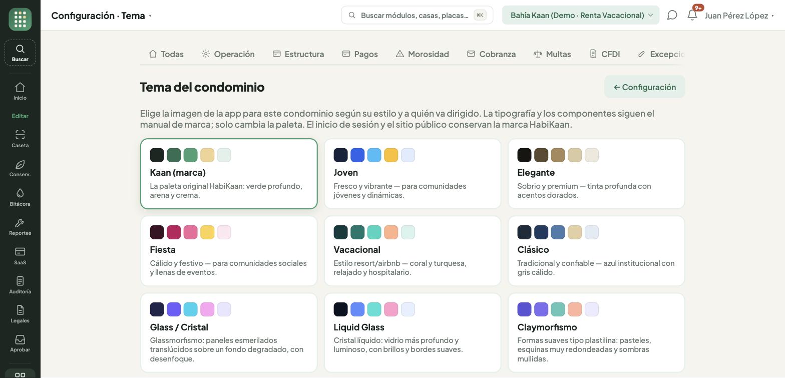 Selector de tema con sus muestrarios de color