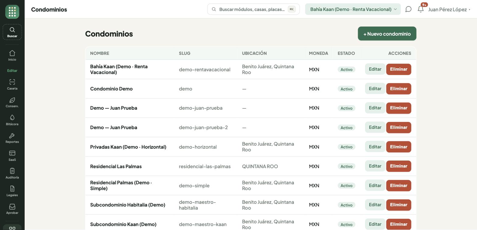 Listado de condominios de la administradora
