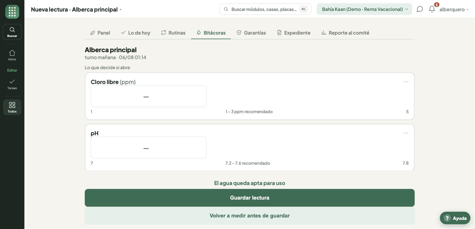Captura de una lectura de la alberca: cloro libre y pH