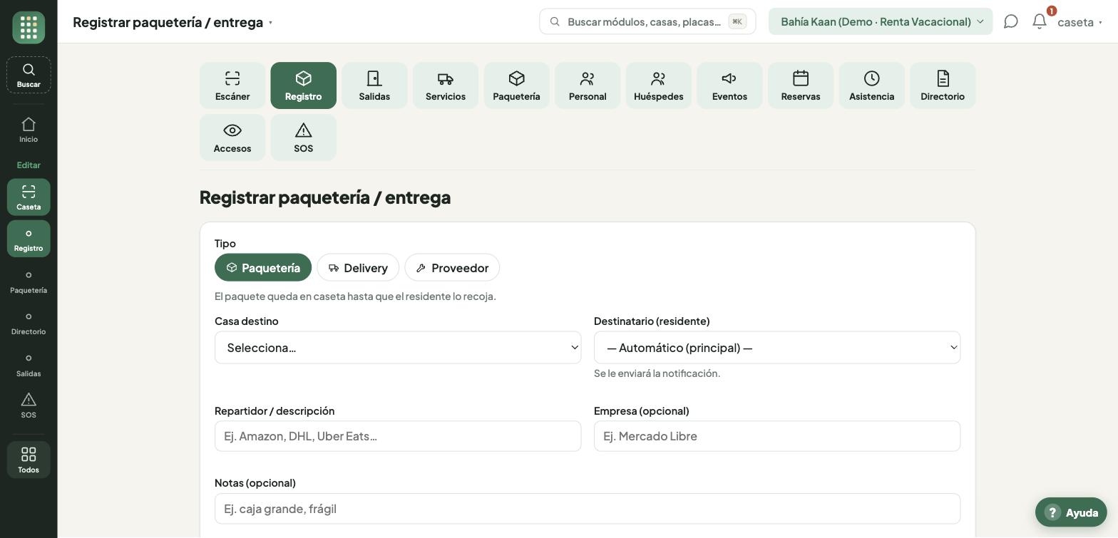 Registro directo en caseta: paquetería, delivery o proveedor