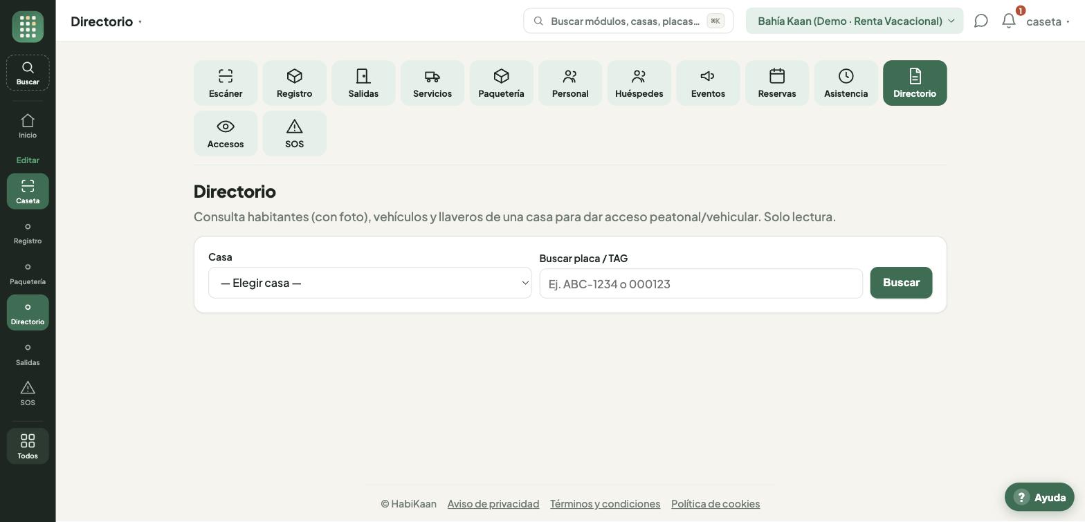 Directorio de caseta: habitantes con foto, vehículos y llaveros