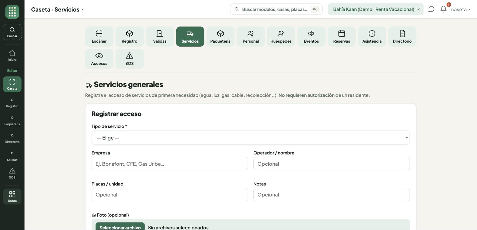 Registro de servicios generales en caseta, con los que están dentro y la bitácora del día