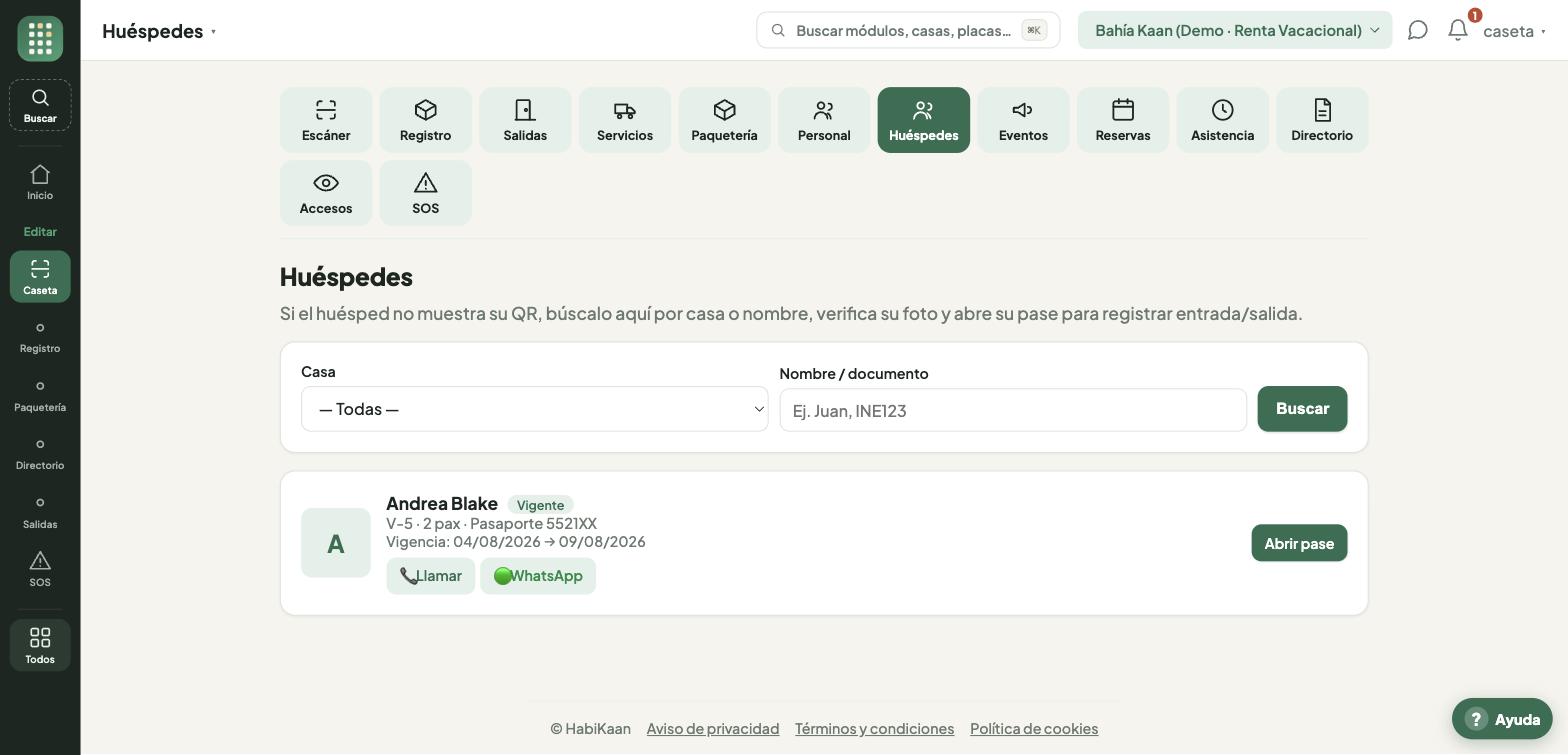 Caseta busca al huésped por casa o nombre cuando no trae el QR