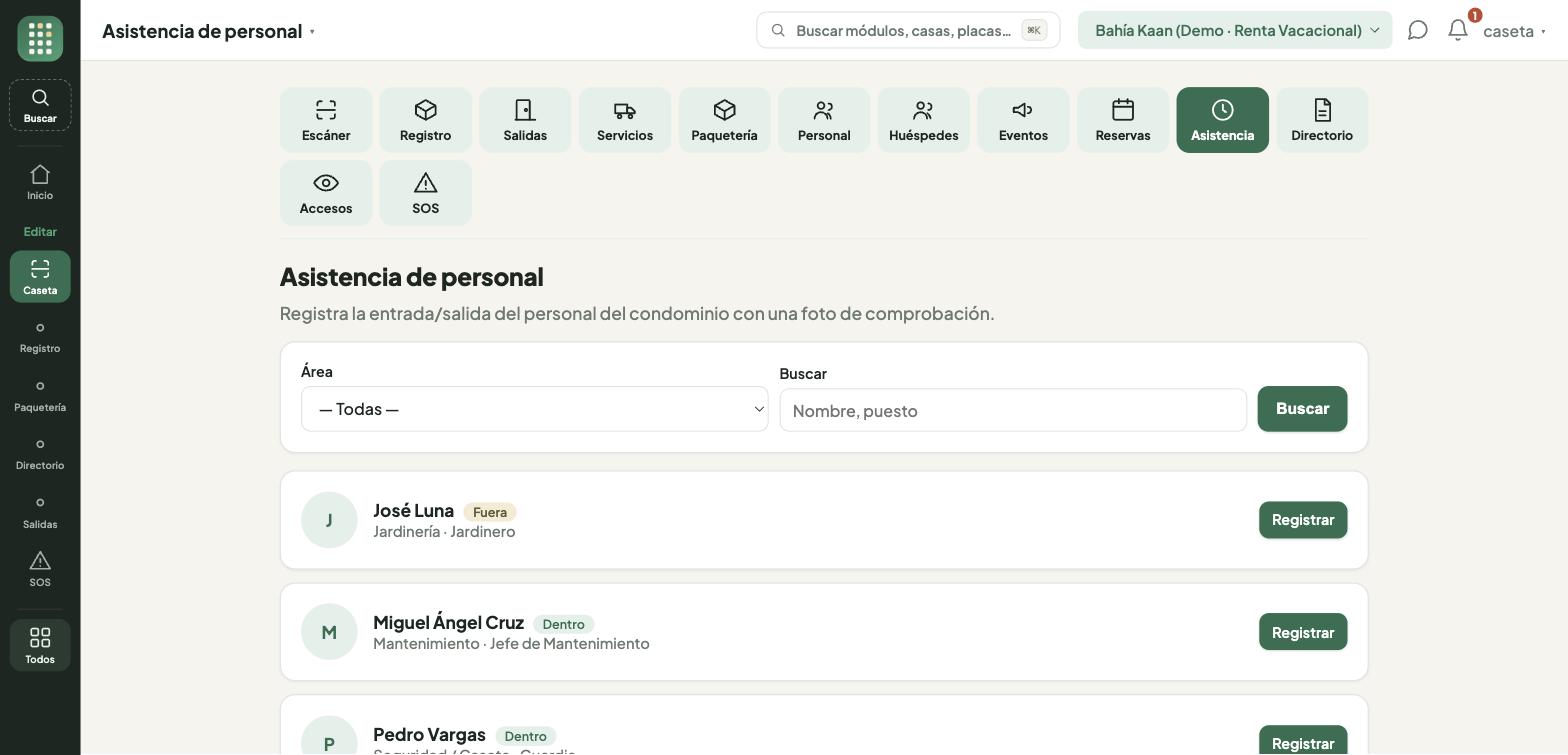 Asistencia del personal en caseta: cada empleado con su estado Dentro o Fuera