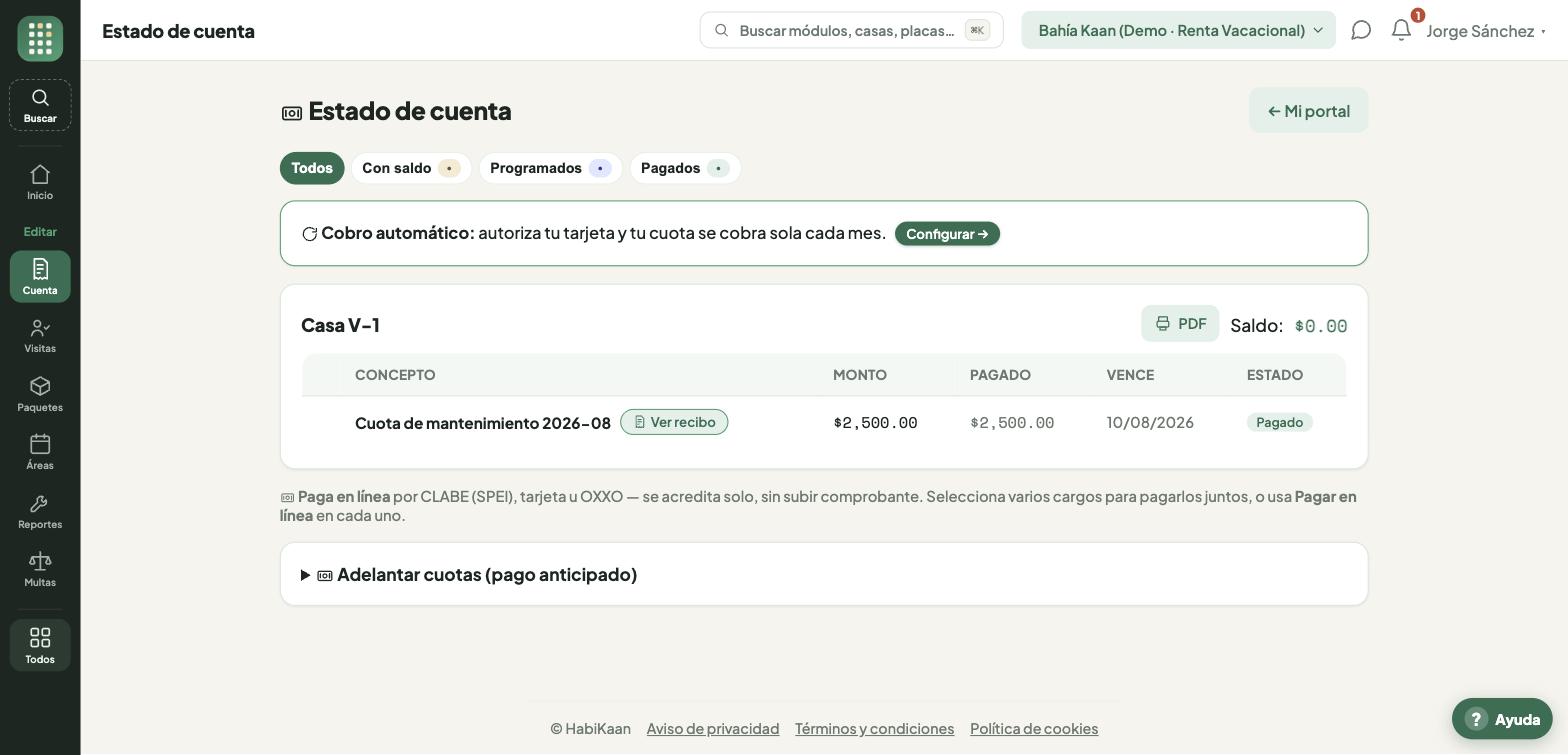Estado de cuenta del residente, con su recibo y el pago en línea