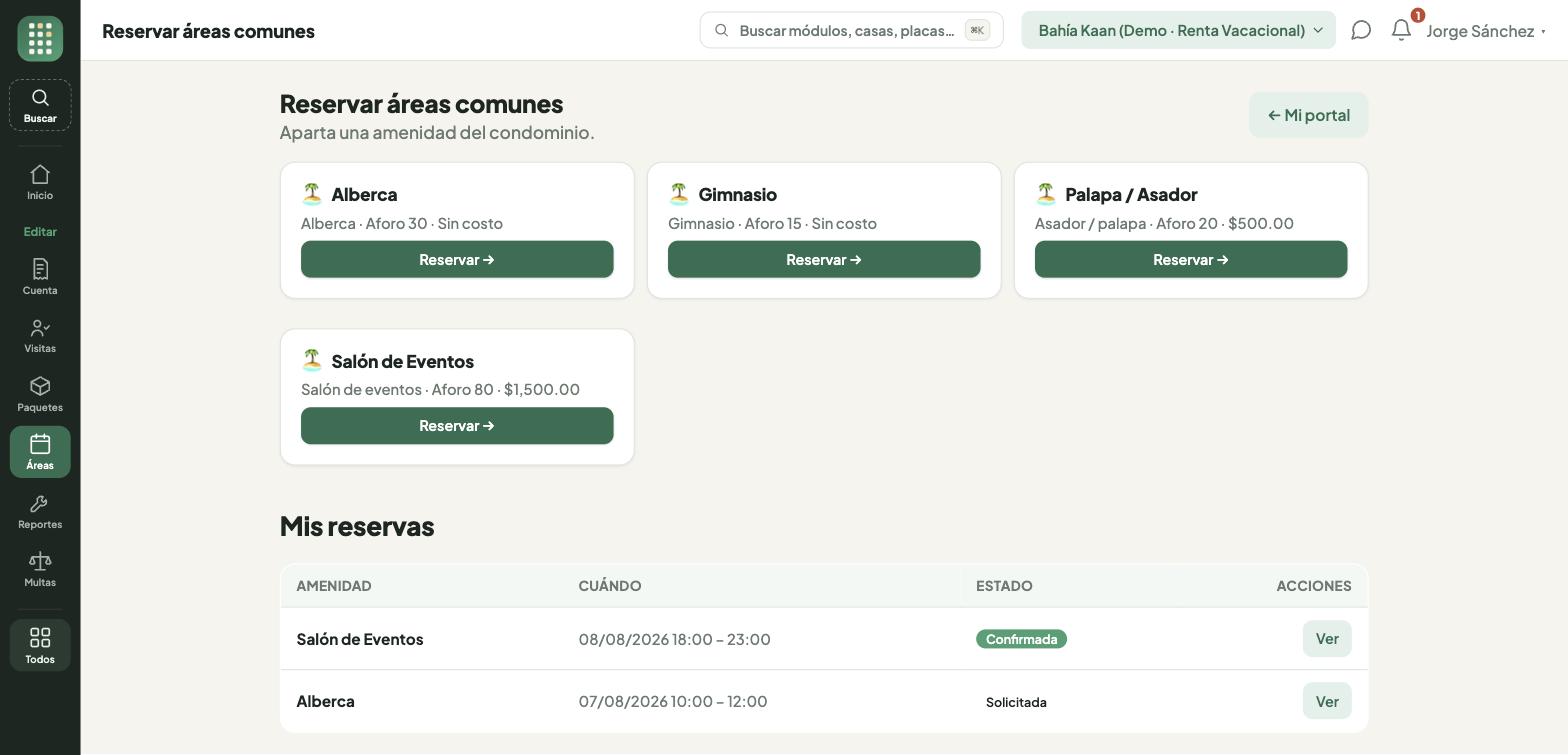 Catálogo de áreas comunes para reservar, con su aforo, su costo y el estado de cada reserva