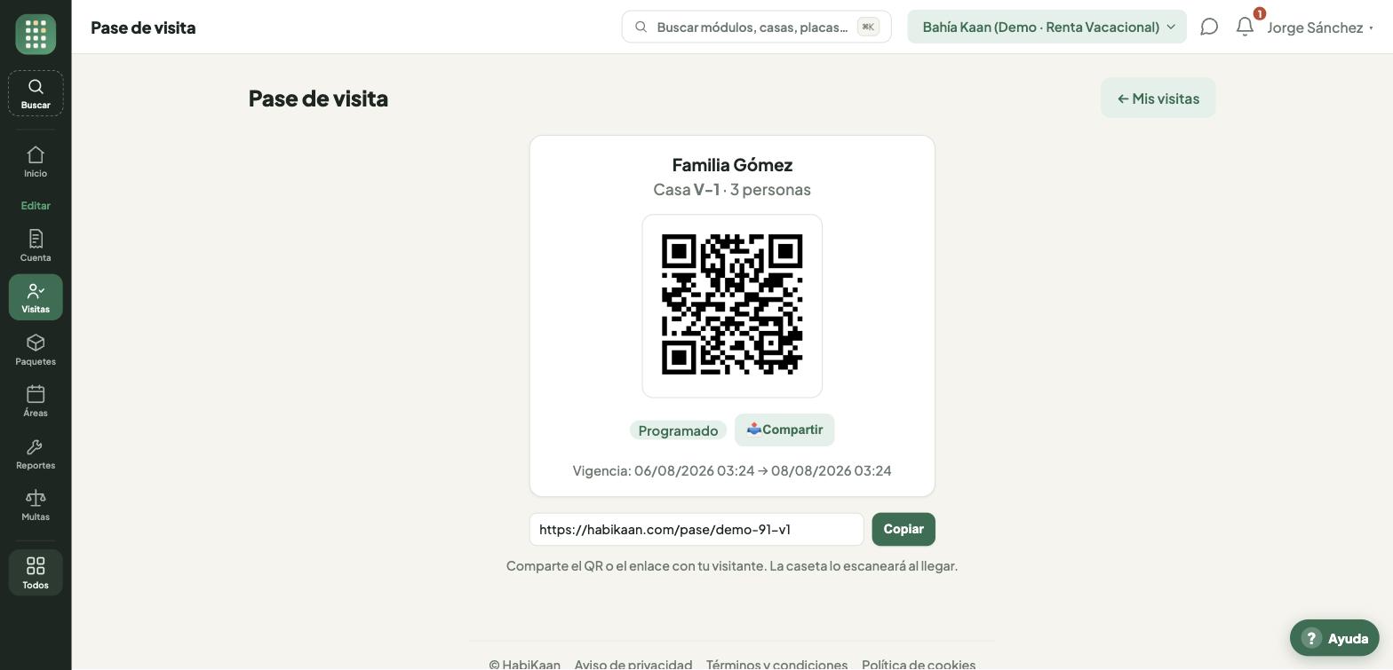 Pase de visita con QR generado por el vecino
