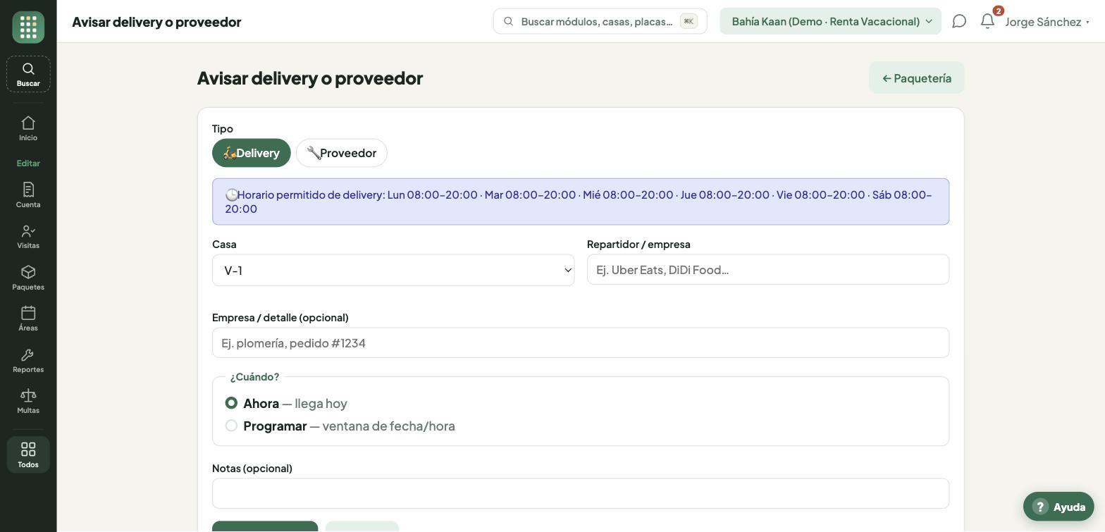 Avisar un delivery o proveedor, con el horario permitido a la vista