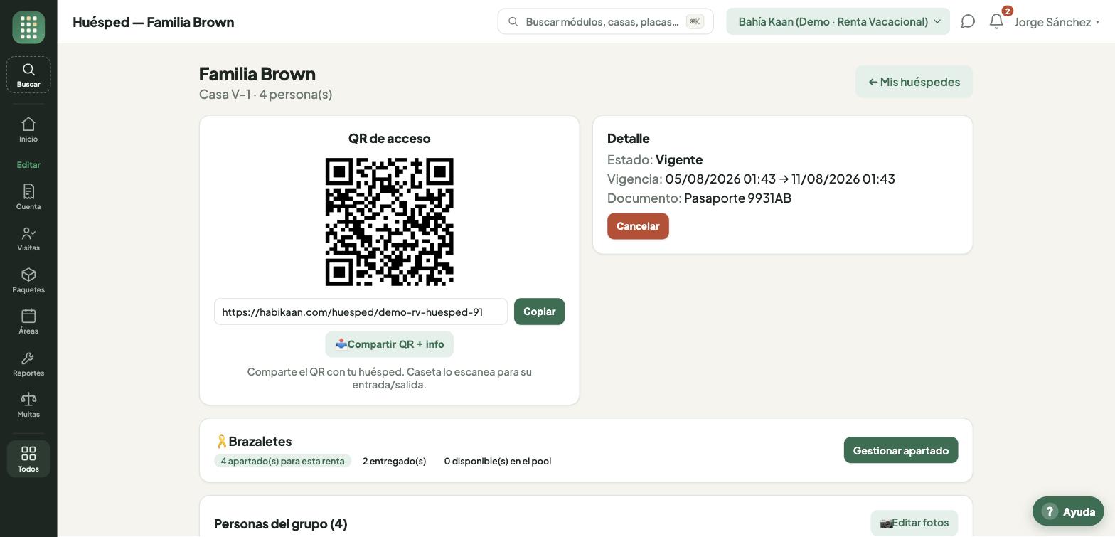Ficha del huésped con su QR de acceso