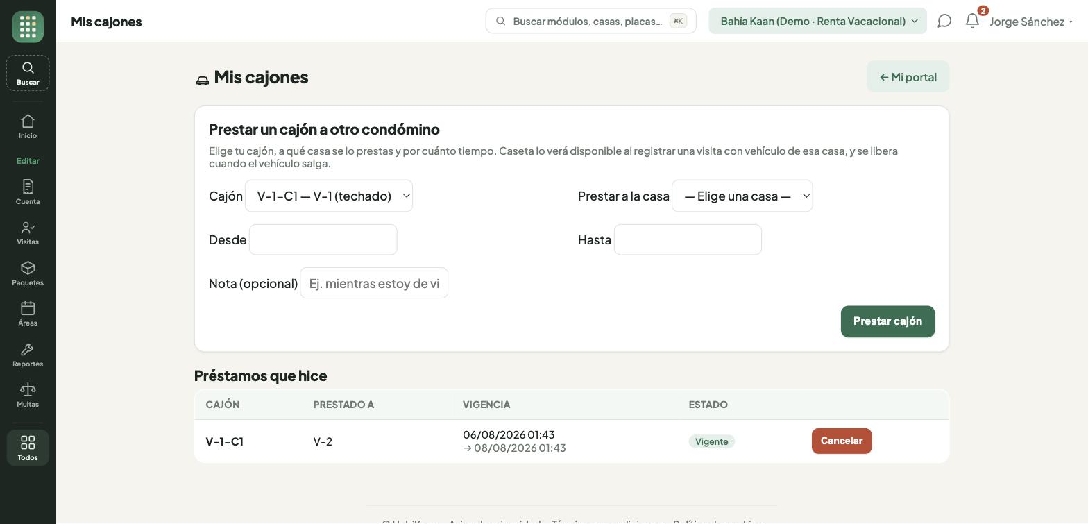 Prestar un cajón a otro condómino por un rango de fechas